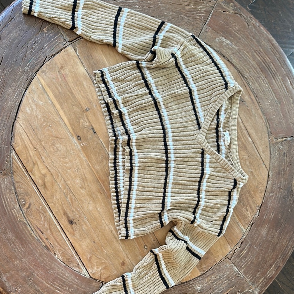 La Hearts Tan and Black V-Neck Sweater with Nautical Stripes
